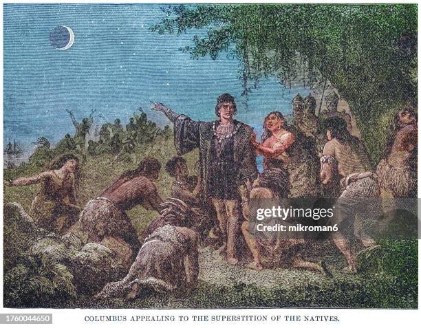 old engraved illustration of christopher columbus appealing to the superstition of the natives. total eclipse of the moon on the antilles on february 29, 1504 ce. - eclipse imagens e fotografias de stock