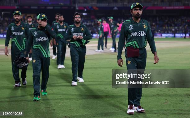 Babar Azam of Pakistan leads their side off following the ICC Men's Cricket World Cup India 2023 between Pakistan and South Africa at MA Chidambaram...