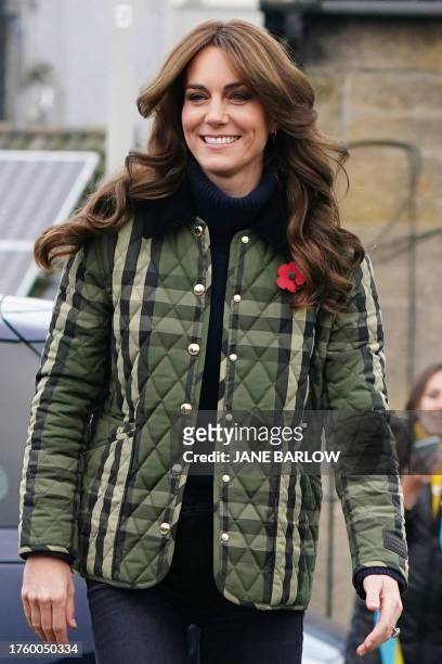 Britain's Catherine, Princess of Wales arrives in Burghead, in Moray, Scotland for a visit of the charity Outfit Moray, on November 2, 2023.