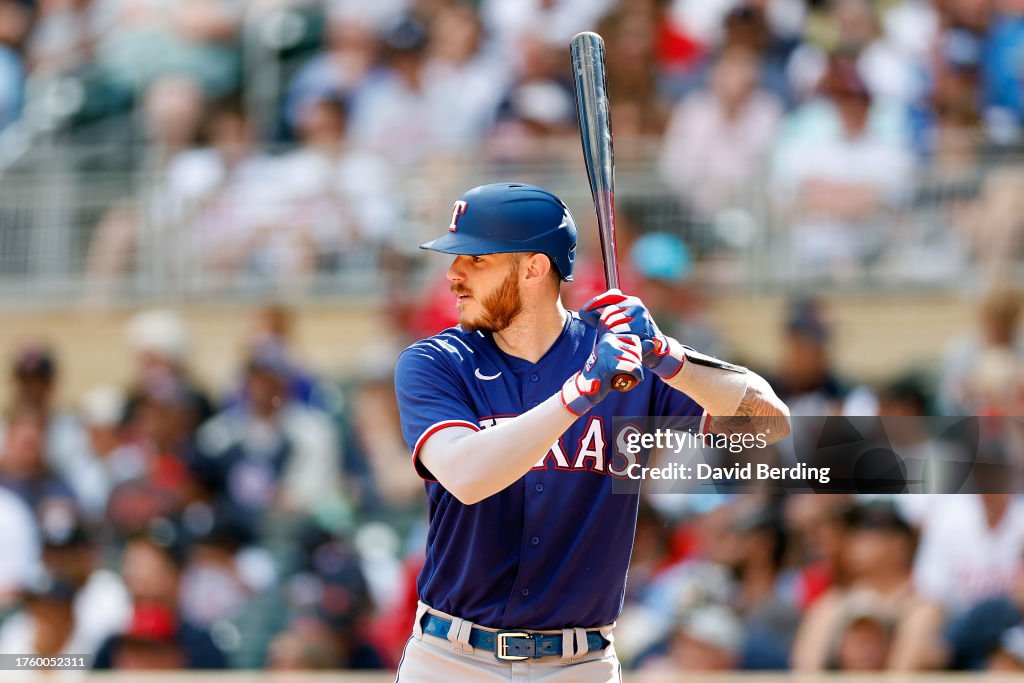 Texas Ranger Heim Jonah Heim of the Texas Rangers takes an at-bat against the Minnesota ...