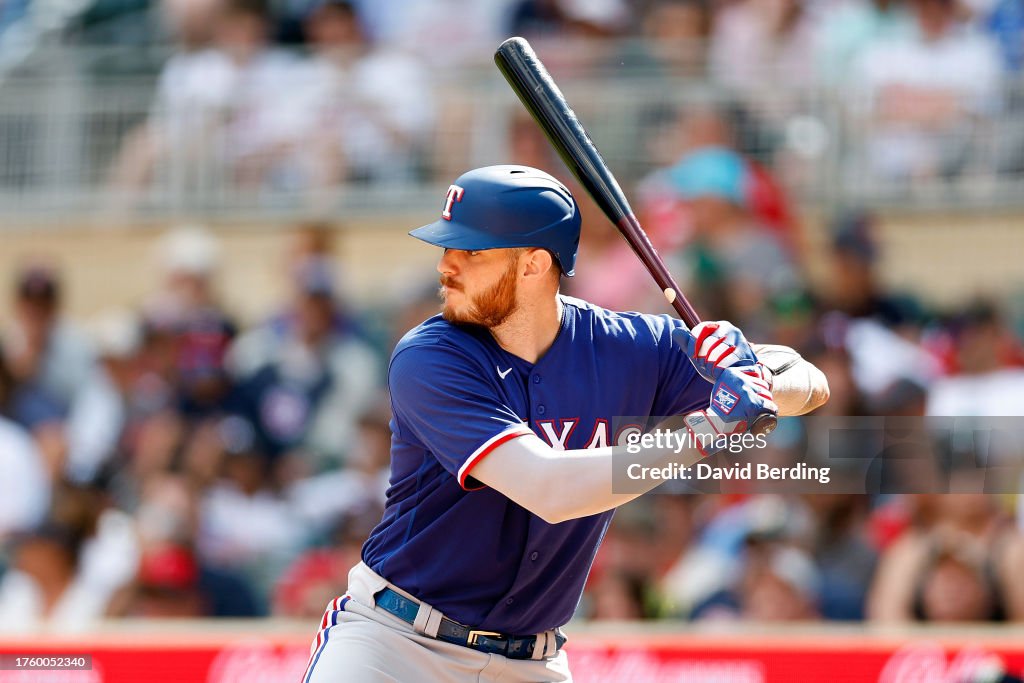 Texas Ranger Heim Jonah Heim of the Texas Rangers takes an at-bat against the Minnesota ...