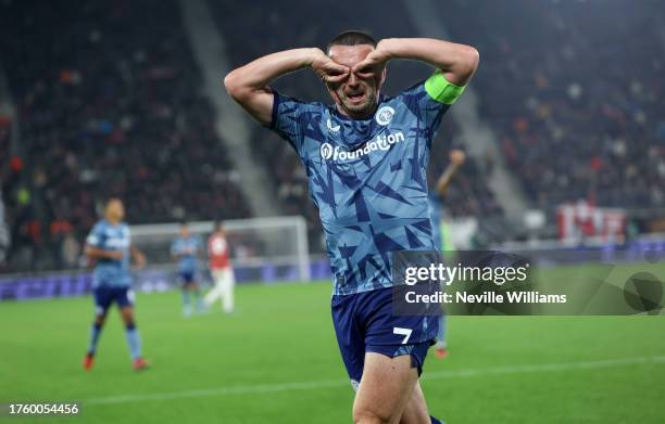 John McGinn of Aston Villa celebrates his goal during the UEFA Europa Conference League 2023/24 match between AZ Alkmaar and Aston Villa FC on...