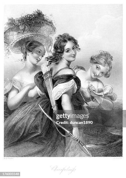 three beautiful young victorian women - 18 19 years stock illustrations