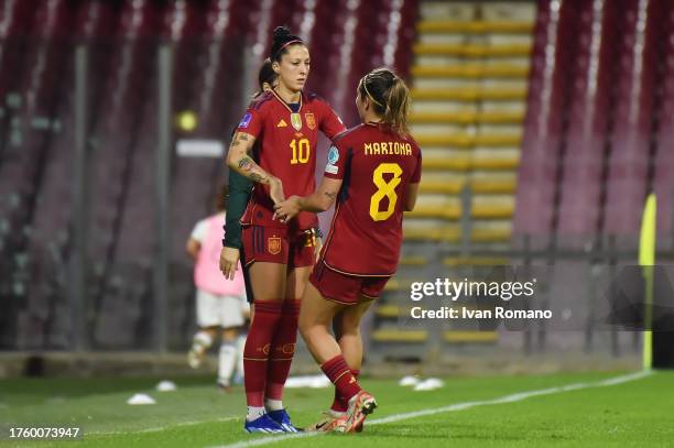 Jennifer Hermoso of Spain is substituted on for Mariona Caldentey of Spain during the UEFA Women's Nations League match between Italy and Spain at...