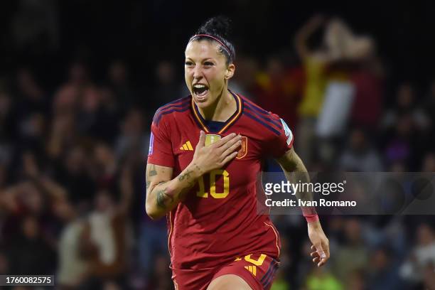 Jennifer Hermoso of Spain celebrates after scoring the team's first goal during the UEFA Women's Nations League match between Italy and Spain at...