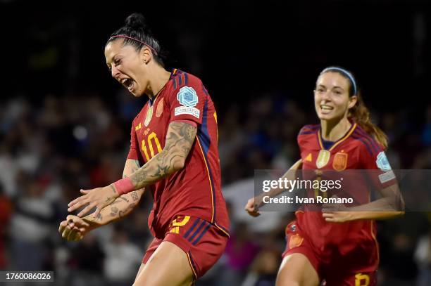 Jennifer Hermoso of Spain celebrates after scoring the team's first goal during the UEFA Women's Nations League match between Italy and Spain at...