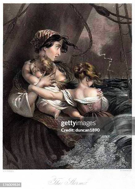 the storm - shipwreck 19th century - scared child storm stock illustrations