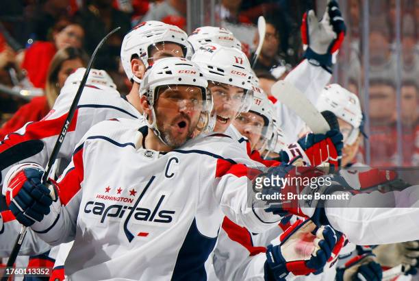 Alex Ovechkin of the Washington Capitals skates against the New Jersey Devils at Prudential Center on October 25, 2023 in Newark, New Jersey.