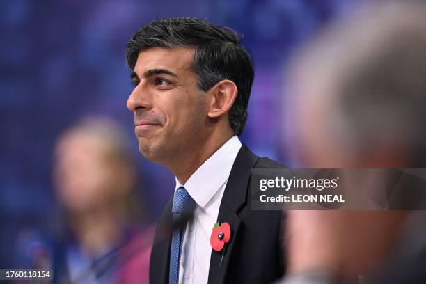 Britain's Prime Minister Rishi Sunak attends the UK Artificial Intelligence Safety Summit at Bletchley Park, in central England, on November 2, 2023.