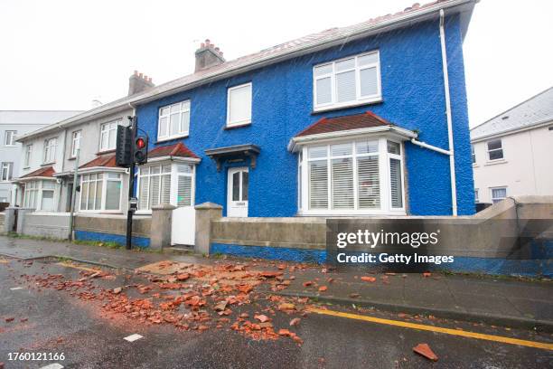 Damage is seen to properties after Storm Ciaran ripped through Jersey, tearing roof tiles from roofs and uprooting trees on November 2, 2023 in St...