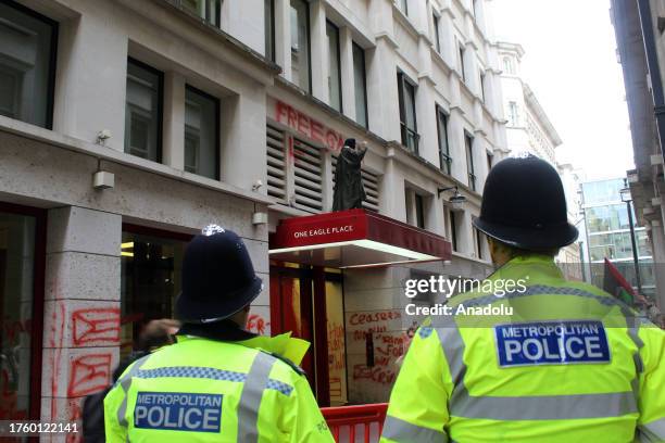 Pro-Palestinian demonstrators on Thursday protest outside the London offices of a firm supplying weapons to Israel in London, United Kingdom on...