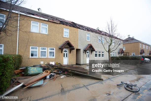 Damage is seen to properties after Storm Ciaran ripped through Jersey, tearing roof tiles from roofs and uprooting trees on November 2, 2023 in St...