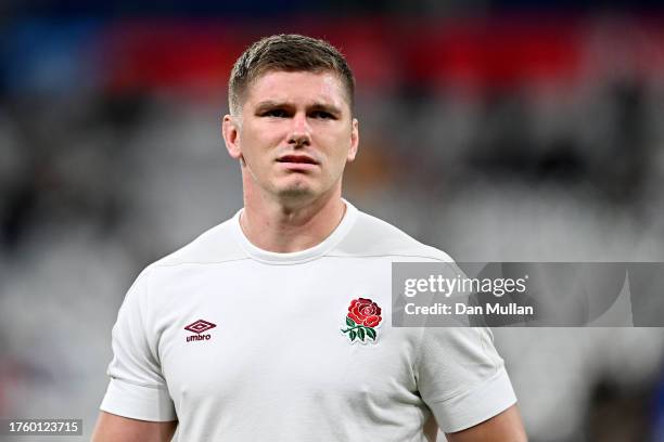 Owen Farrell of England inspects the pitch prior to the Rugby World Cup France 2023 Bronze Final match between Argentina and England at Stade de...