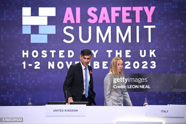 Britain's Prime Minister Rishi Sunak and Italy's Prime Minister Giorgia Meloni attend the UK Artificial Intelligence Safety Summit at Bletchley Park,...