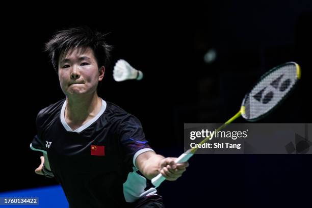 He Bingjiao of China competes in the Women's Singles Quarter Finals match against Pornpawee Chochuwong of Thailand during day four of the Yonex...