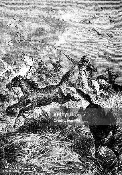 mustangs chasing - indian costume stock illustrations