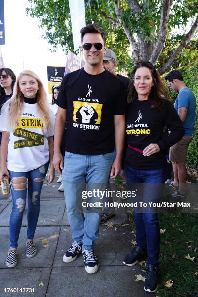 Samantha Bailey, Kash Hovey and Kira Reed Lorsch walk the picket line at the SAG-AFTRA strike on November 1, 2023 at Warner Brothers Studios in...