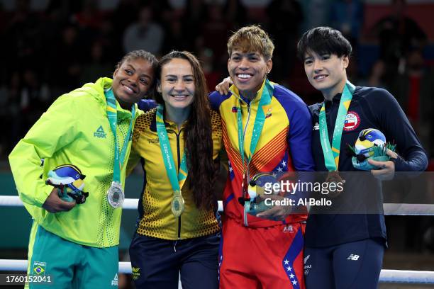 Silver medalist Tatiana De Jesus Chagas, gold medalist Yeni Arias and bronze medalists Johana Gomez and Denisse Bravo of Team Chile pose in the...