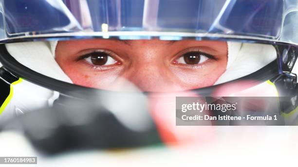 Oliver Bearman of Great Britain and Haas F1 prepares to drive in the garage during practice ahead of the F1 Grand Prix of Mexico at Autodromo...