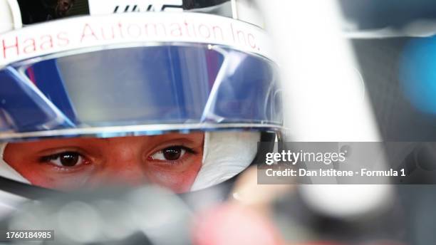 Oliver Bearman of Great Britain and Haas F1 prepares to drive in the garage during practice ahead of the F1 Grand Prix of Mexico at Autodromo...