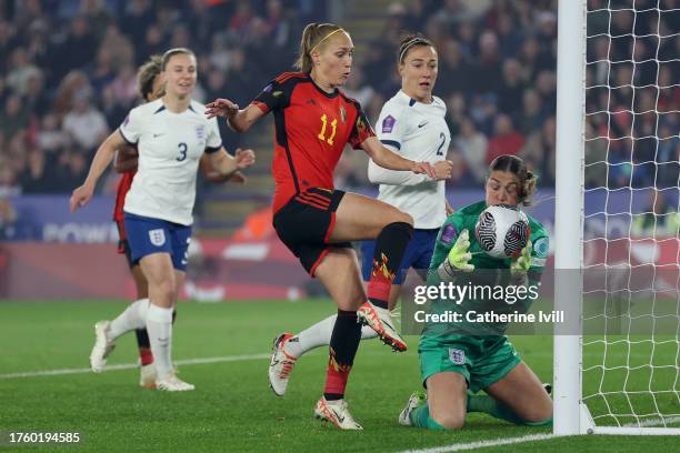 Mary Earps of England makes a save from Janice Cayman of Belgium during the UEFA Women's Nations League match between England and Belgium at The King...