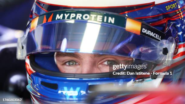 Logan Sargeant of United States and Williams prepares to drive in the garage during practice ahead of the F1 Grand Prix of Mexico at Autodromo...