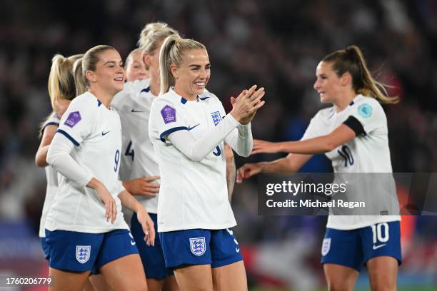 Alex Greenwood of England celebrates after teammate Lauren Hemp scores the team's first goal during the UEFA Women's Nations League match between...