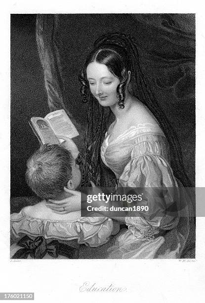 mother and child - victorian education - ringlet hairstyle stock illustrations