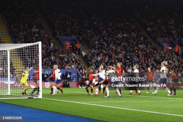 Lauren Hemp of England scores the team's first goal during the UEFA Women's Nations League match between England and Belgium at The King Power...