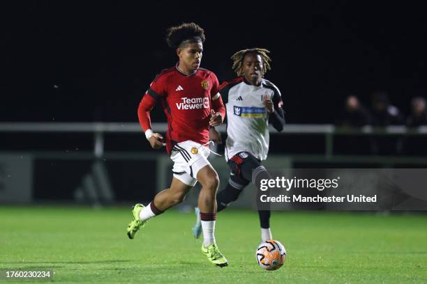 Shola Shoretire of Manchester United U21s in action during the Premier League 2 match between Fulham U21 and Manchester United U21 at Fulham FC...