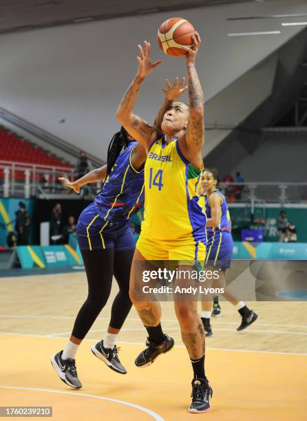 Erika De Souza of Team Brazil against Team Colombia in Women's Team Basketball at Polideportivo 1 during Santiago 2023 Pan Am Games day 7 on October...