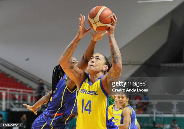 Erika De Souza of Team Brazil against Team Colombia in Women's Team Basketball at Polideportivo 1 during Santiago 2023 Pan Am Games day 7 on October...
