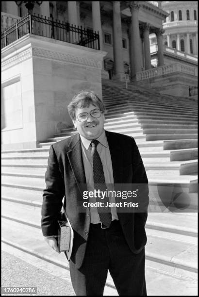 Portrait of American political aide William R Pitts Jr as he poses on the steps of the US Capitol building, Washington DC, March 1986.