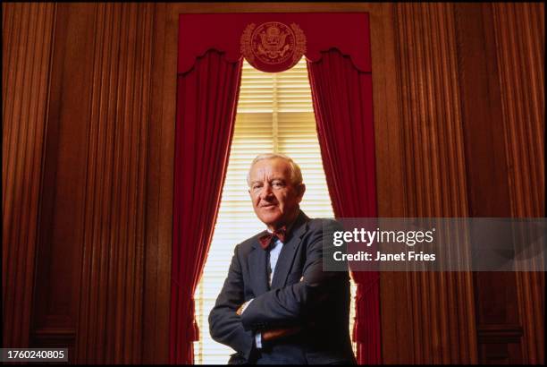 Portrait of American jurist and US Supreme Court Associate Justice John Paul Stevens as he poses at the Supreme Court, Washington DC, April 1990.