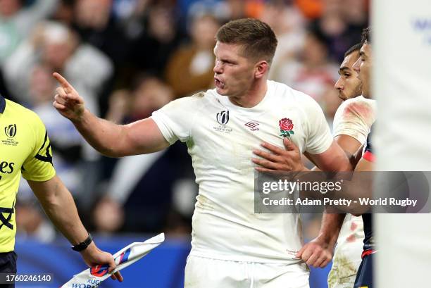 Owen Farrell of England reacts during the Rugby World Cup France 2023 Bronze Final match between Argentina and England at Stade de France on October...