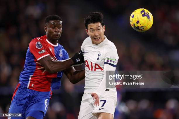 Marc Guehi of Crystal Palace battles for possession with Son Heung-Min of Tottenham Hotspur during the Premier League match between Crystal Palace...