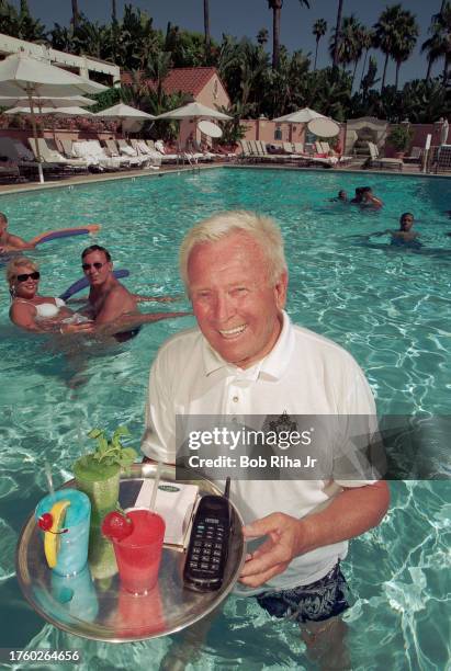 Veteran Poolman Svend Petersen has catered to guests at Beverly Hills Hotel for over 40 years offering towels, telephone and drinks to guests, August...