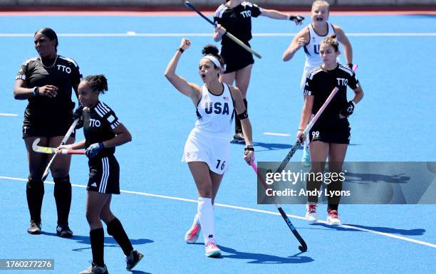 Linnea Gonzales of Team USA acelebrates a goal against Team Trinidad and Tobago at Women's Field Hockey at Centro Deportivo de Hockey Césped during...