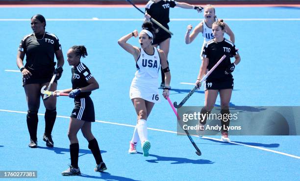 Linnea Gonzales of Team USA acelebrates a goal against Team Trinidad and Tobago at Women's Field Hockey at Centro Deportivo de Hockey Césped during...