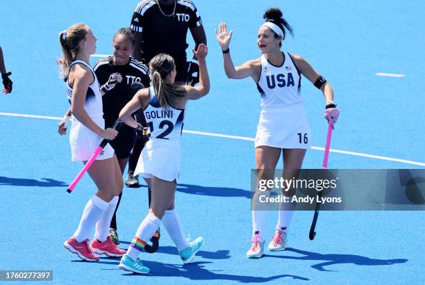 Linnea Gonzales of Team USA acelebrates a goal against Team Trinidad and Tobago at Women's Field Hockey at Centro Deportivo de Hockey Césped during...