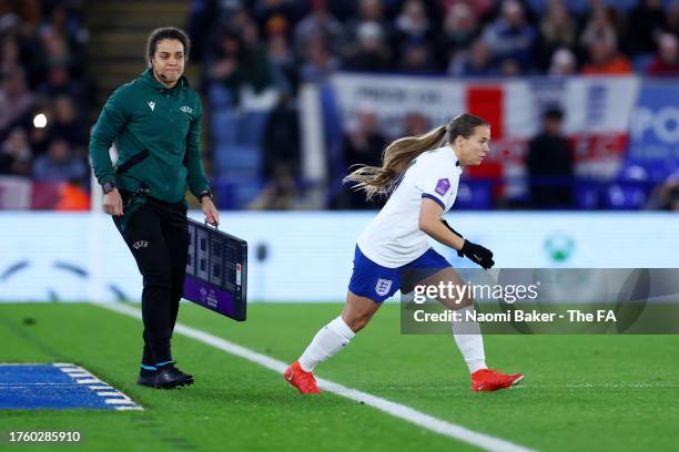 Fran Kirby of England is substituted on during the UEFA Women's Nations League match between England and Belgium at The King Power Stadium on October...