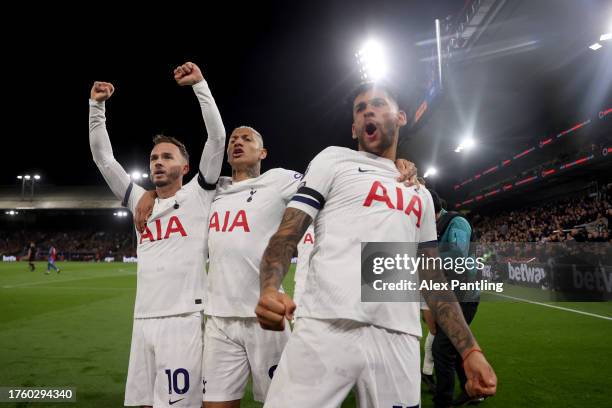 James Maddison , Richarlison and Cristian Romero of Tottenham Hotspur celebrate after Joel Ward of Crystal Palace scored an own goal during the...