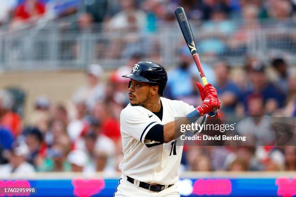 Jorge Polanco of the Minnesota Twins takes an at-bat against the Cleveland Guardians in the second inning at Target Field on August 28, 2023 in...