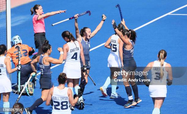 Eugenia Trinchinetti of Team Argentina against Uruguay at Women's Field Hockey at Centro Deportivo de Hockey Césped during Santiago 2023 Pan Am Games...