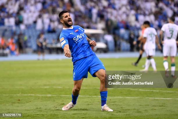 Aleksandar Mitrovic of Al Hilal celebrates scoring the 2nd Al Hilal goal during the Saudi Pro League match between Al Hilal and Al Ahli at the King...