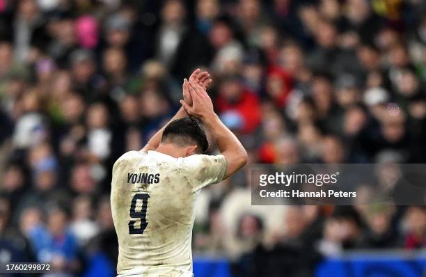 Ben Youngs of England applauds the fans as he is substituted off in his last match for England during the Rugby World Cup France 2023 Bronze Final...