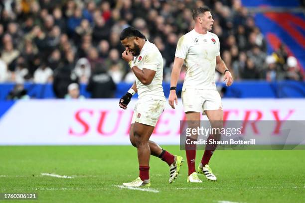 Manu Tuilagi of England looks on as he is substituted off in his last match for England during the Rugby World Cup France 2023 Bronze Final match...