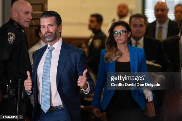 Donald Trump Jr. Steps out for a break at former President Donald Trump's civil fraud trial on November 02, 2023 in New York City. Trump's children,...