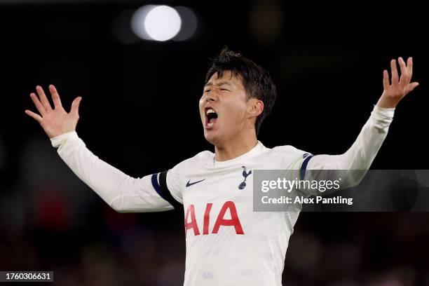 Son Heung-Min of Tottenham Hotspur celebrates after scoring the team's second goal during the Premier League match between Crystal Palace and...