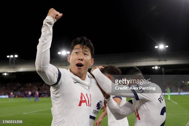 Son Heung-Min of Tottenham Hotspur celebrates with teammates after scoring the team's second goal during the Premier League match between Crystal...